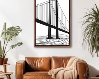 Minimalist Bridge Line Art Print, Modern Black White Canvas Wall Decor