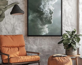 Surreal Smoke Portrait Canvas Art, Ethereal Face Wall Decor, Minimalist Profile Print (Framed Canvas)