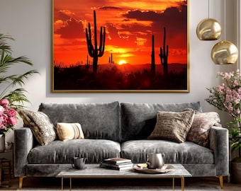 Desert Sunset Saguaro Cactus Wall Art – Vibrant Sky Gloss Print Poster