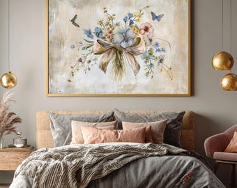 Vintage Wildflower Bouquet Canvas Art, Butterfly and Pansy Floral Wall Decor, Shabby Chic Ribbon Bow Print, Antique Botanical Home Decor