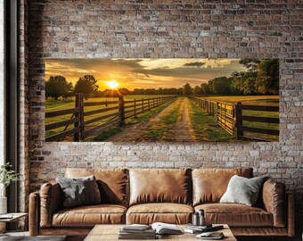 Rustic Country Road Sunset Canvas Art, Golden Hour Farmhouse Wall Decor, Wooden Fence Landscape Framed Canvas, Rural Path Nature Print