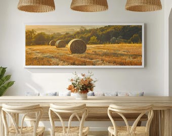 Golden Hour Hay Bales Canvas Wall Art, Rustic Farmhouse Decor, Country Landscape Print, Large Harvest Field Sunset Art, Framed Gift.