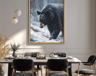 Black Bear Winter Forest Canvas Art, Snowy Wildlife Wall Decor, Framed Print