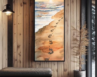Footprints in the Sand Beach Watercolor Art, Sunset Ocean Coast Canvas Wall Art, Coastal Home Decor, Nautical Seaside Painting Print