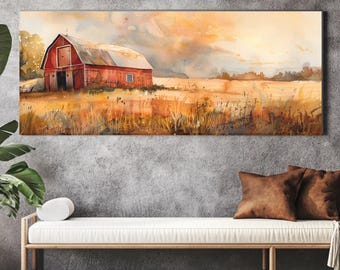 Red Barn Watercolor Wall Art, Farmhouse Landscape Canvas, Vintage Country Sunset Print, Rustic Golden Field Decor, Framed Farmhouse Art