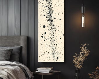 Minimalist Star Cluster Oil Painting, Vertical Abstract Galaxy Wall Art, Beige and Black Celestial Canvas Print, Modern Narrow Framed Art