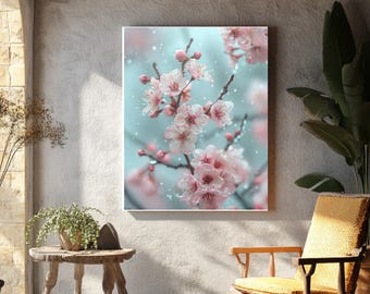 Cherry Blossoms in Rain Canvas Wall Art Pink Sakura Print Pastel Floral Nature Decor Framed Japanese Style Art Soft Spring Home Decoration