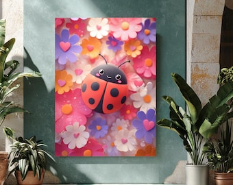 Kawaii Ladybug Flower Heart Print, Whimsical Nursery Wall Art Poster
