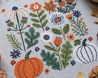 Autumn Pumpkins Cross Stitch Pattern PDF, Fall Floral Embroidery Chart, Folk Art Harvest Decor, Instant Download cs78