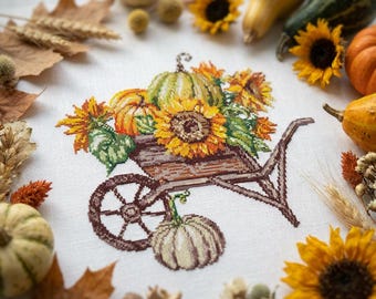 Kreuzstich Sonnenblume und Kürbis Muster PDF, Herbst Ernte Schubkarre, Herbst Blumen Stickmuster, Erntedank Dekor - cs64