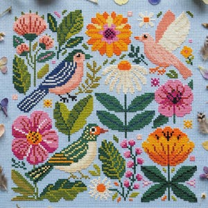 Patrón de punto de cruz de aves de arte popular en PDF, gráfico de bordado de jardín floral, diseño botánico de primavera, descarga instantánea cs76