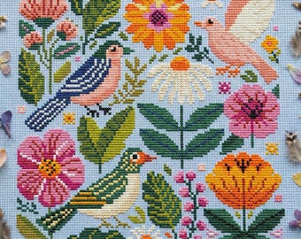Folk Art Birds Cross Stitch Pattern PDF, Floral Garden Embroidery Chart, Spring Botanical Design, Instant Download cs76