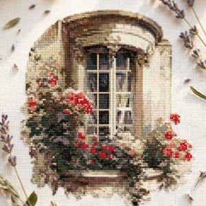 Cottage Window Cross Stitch Pattern – Romantic Floral Architecture – Vintage Style PDF Chart - cs7