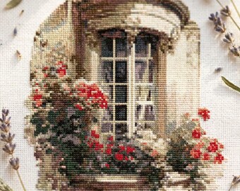 Cottage Window Cross Stitch Pattern – Romantic Floral Architecture – Vintage Style PDF Chart - cs7