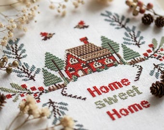 Home Sweet Home Cross Stitch Pattern PDF, Cozy Cabin Embroidery Chart, Winter Cottage Decor, Rustic Wall Art, Instant Download cs82