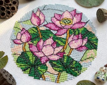Stained Glass Lotus Cross Stitch Pattern PDF, Pink Lotus Flowers Embroidery Chart, Summer Floral Cross Stitch, Instant Download cs31