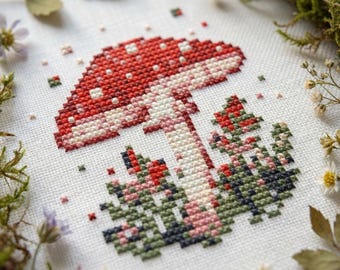 Red Mushroom Cross Stitch Pattern – Cute Woodland Embroidery – Cottagecore Nature PDF – Minimal Folk Chart cs5