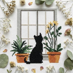 Black Cat by Window Cross Stitch Pattern – Cozy Home Embroidery – Botanical Interior PDF – Minimal Modern Chart cs35