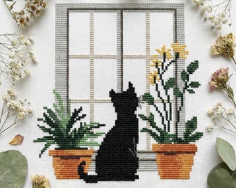 Black Cat by Window Cross Stitch Pattern – Cozy Home Embroidery – Botanical Interior PDF – Minimal Modern Chart cs35