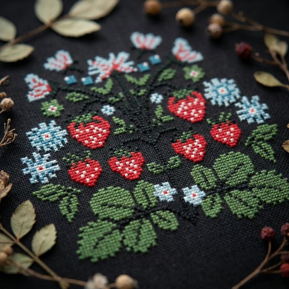Strawberry Cross Stitch Pattern PDF, Folk Art Embroidery