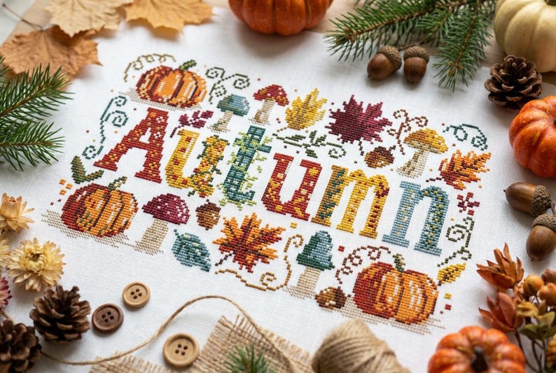 K&ouml;nnte beinhalten: Ein wei&szlig;es Stoffst&uuml;ck mit einem farbenfrohen Kreuzstichmuster, das das Wort Autumn in gro&szlig;en, gemusterten Buchstaben zeigt. Die Stickerei umfasst orangefarbene K&uuml;rbisse, rote und gelbe Ahornbl&auml;tter, braune Eicheln sowie verschiedene blaue und rote Pilze.