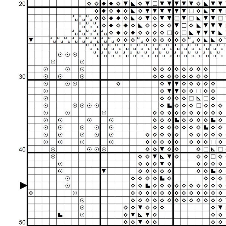 K&ouml;nnte beinhalten: Ein schwarz-wei&szlig;es Kreuzstichmuster auf einem Raster. Das Design zeigt verschiedene Symbole wie Kreise mit Punkten, Rauten, Dreiecke und Quadrate, die in Zeilen und Spalten angeordnet sind, erg&auml;nzt durch die Zahlen 20, 30, 40 und 50.