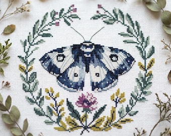 Primitive Moth Cross Stitch Pattern – Spring Folk Embroidery – Botanical Insect PDF – Vintage Style Chart cs48