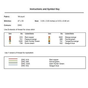 K&ouml;nnte beinhalten: Ein Kreuzstichmuster-Dokument mit dem Titel Instructions and Symbol Key. Es listet 14-Count-Stoff, 47 mal 55 Stiche und eine Gr&ouml;&szlig;e von 8,53 mal 9,98 cm auf. Es enth&auml;lt eine Tabelle mit DMC-Garnfarben, Symbolen und Anleitungen f&uuml;r R&uuml;ckstiche.