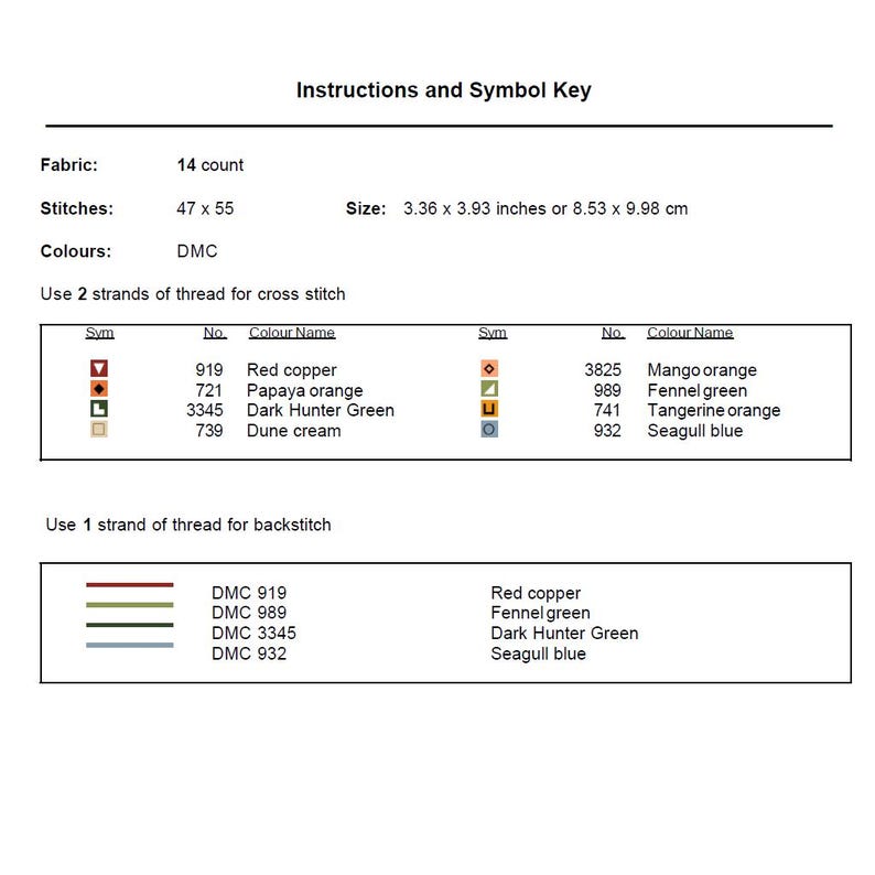 K&ouml;nnte beinhalten: Ein Kreuzstichmuster-Dokument mit dem Titel Instructions and Symbol Key. Es listet 14-Count-Stoff, 47 mal 55 Stiche und eine Gr&ouml;&szlig;e von 8,53 mal 9,98 cm auf. Es enth&auml;lt eine Tabelle mit DMC-Garnfarben, Symbolen und Anleitungen f&uuml;r R&uuml;ckstiche.