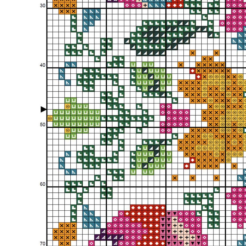 May include: A cross-stitch pattern featuring a floral design with green leaves, pink and orange flowers, and blue accents. The pattern is displayed on a grid, with each square representing a stitch. The color palette includes shades of green, pink, orange, and blue.