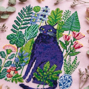 Schwarze Katze Garten Kreuzstich Muster, Katze Stickmuster, botanische Katze Stickmuster, Sofort Download cs75