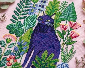 Black Cat Garden Cross Stitch Pattern PDF, Botanical Cat Embroidery Chart, Floral Plant Wall Decor, Instant Download cs75