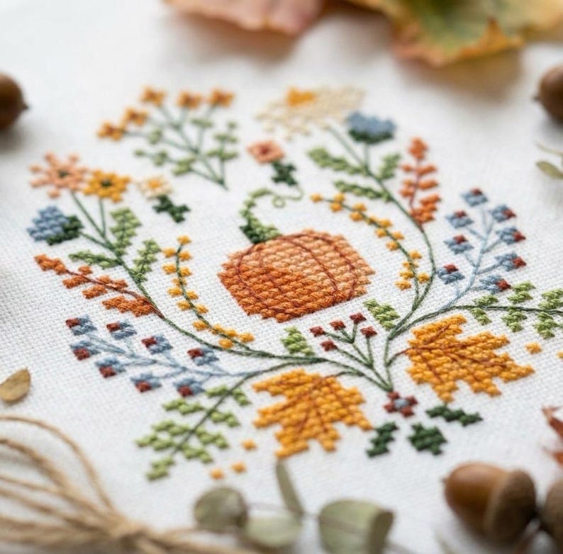 Kreuzstichmuster „Herbstliche Kürbisse“ (PDF), Stickvorlage für Herbstblumen, botanische Erntedekoration, Sofort-Download cs83 Bild 8