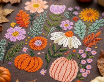 Autumn Pumpkin Floral Cross Stitch Pattern PDF, Fall Flowers Embroidery Chart, Botanical Harvest Decor, Instant Download cs77