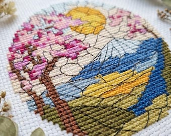 Frühling Berglandschaft Kreuzstichmuster – Sakura Blüte Stickerei – Mosaik Folk Natur PDF – Malerische Grafik cs32