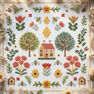 Primitive Bee Sampler Cross Stitch Pattern PDF - cs56