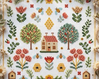 Primitive Bee Sampler Cross Stitch Pattern PDF - cs56