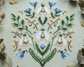 Snowdrop Folk cross stitch pattern PDF – Spring Floral Sampler PDF cs58
