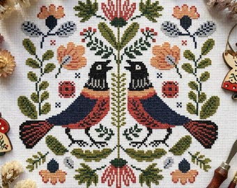 Scandinavian Folk Bird Cross Stitch Pattern PDF, Nordic Floral Sampler, Folk Art Embroidery Chart, Swedish Style Design cs73