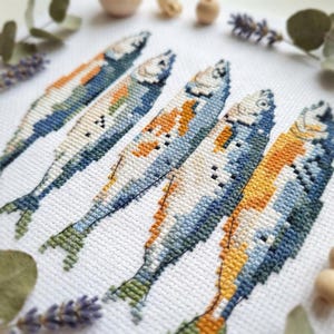 Puede incluir: Un bordado de punto de cruz sobre tela blanca que muestra cinco peces dispuestos en una fila diagonal. Cada pez está representado con un patrón pixelado en tonos azules, naranjas y verdes, mostrando escamas y aletas detalladas con hilo.