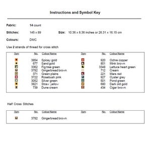 K&ouml;nnte beinhalten: Eine Anleitung und ein Symbolschl&uuml;ssel f&uuml;r Kreuzstich auf 14-Count-Stoff. Das Dokument listet 145 mal 89 Stiche, eine Gr&ouml;&szlig;e von 26,31 mal 16,15 cm und DMC-Garnfarben wie Spicey Gold, Fig Tree Green und Mars Red mit Symbolen auf.