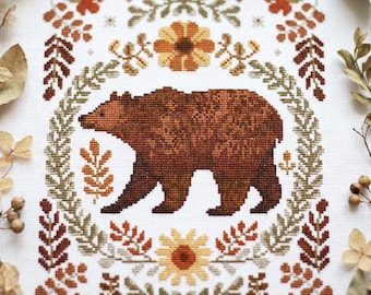 Folklore Bär Kreuzstich Muster – Herbst Wald Stickerei – Rustikales Natur Tier PDF – Skandinavische Folk Charts cs49