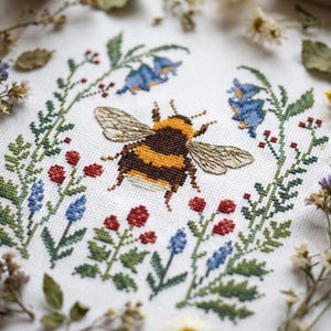 May include: A cross-stitch embroidery featuring a bumblebee with brown and yellow stripes, surrounded by bluebell flowers, red berries, and green foliage. The design is on white fabric, with dried flowers around the border.