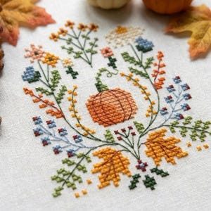 K&ouml;nnte beinhalten: Eine Kreuzstichstickerei auf wei&szlig;em Stoff mit einem zentralen orangefarbenen K&uuml;rbis, umgeben von einem farbenfrohen Arrangement herbstlicher botanischer Elemente, darunter gelbe und orangefarbene Ahornbl&auml;tter, kleine blaue Blumen und gr&uuml;nes Blattwerk.
