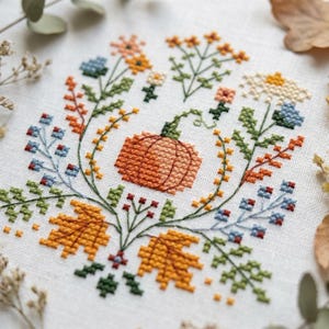 Puede incluir: Un bordado de punto de cruz sobre tela blanca que presenta una calabaza naranja central rodeada por una corona de elementos otoñales coloridos, incluyendo hojas de arce amarillas, flores silvestres azules y verdes.