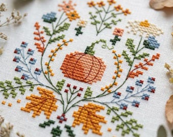 Autumn Pumpkin Cross Stitch Pattern PDF, Fall Floral Embroidery Chart, Botanical Harvest Decor, Instant Download cs83