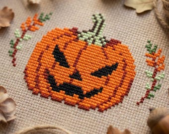 Halloween Pumpkin Cross Stitch Pattern PDF, Scary Jack O Lantern Embroidery Chart, Spooky Fall Decor, Instant Download cs81