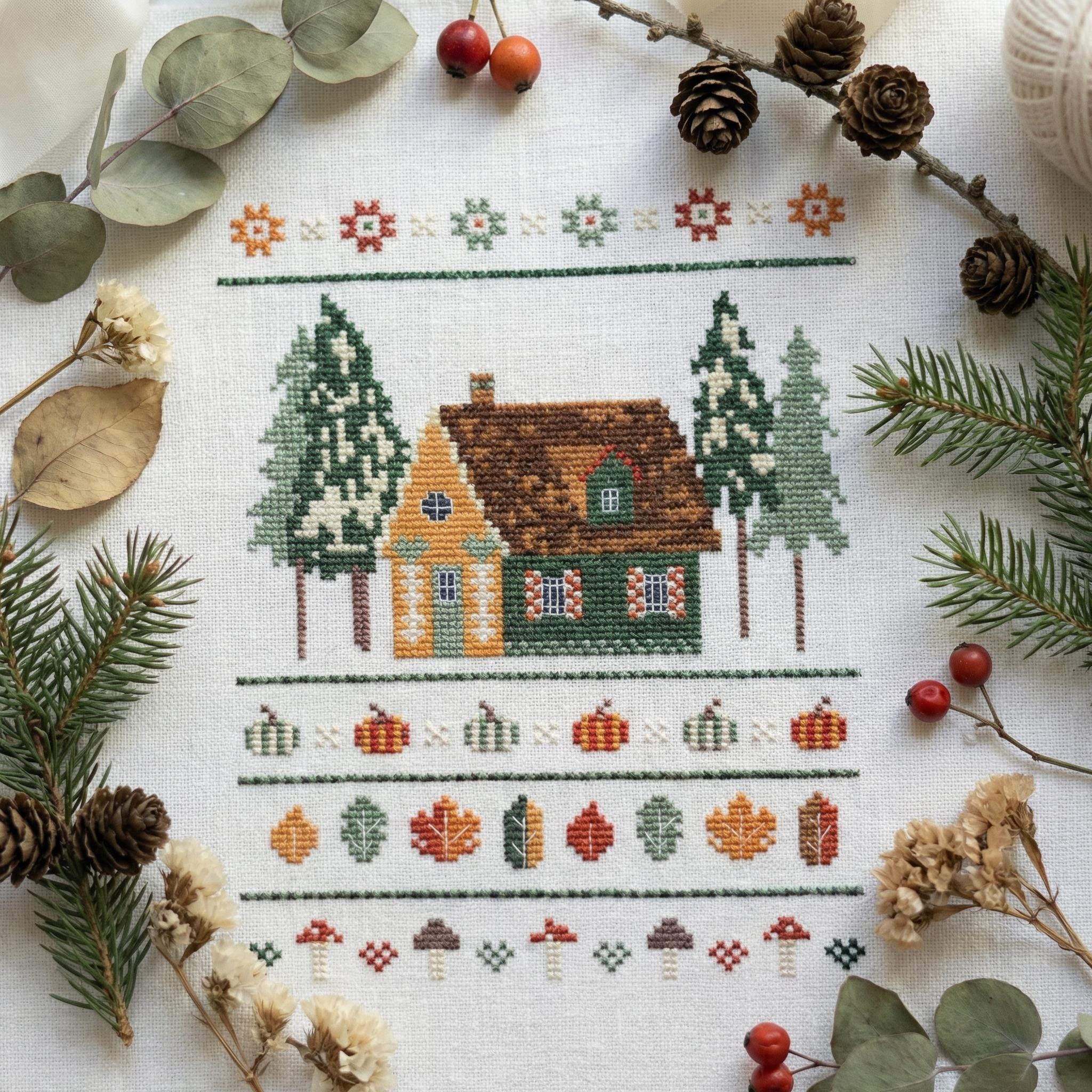 Autumn Sampler Cross Stitch Pattern PDF – Cozy Cottage in the