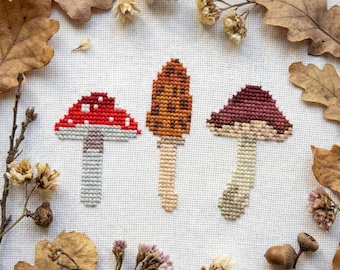 Mini Mushroom Cross Stitch Pattern PDF, Woodland Mushroom Trio, Tiny Autumn Embroidery Chart, Instant Download - cs62