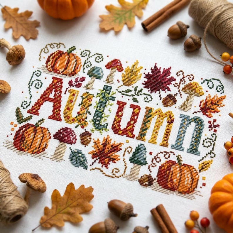 K&ouml;nnte beinhalten: Ein Kreuzstich-Stickbild auf wei&szlig;em Stoff mit dem Wort Autumn in gro&szlig;en, bunten Buchstaben, umgeben von gestickten K&uuml;rbissen, Pilzen, Eicheln und verschiedenen Herbstbl&auml;ttern, akzentuiert durch echte K&uuml;rbisse und herbstliches Laub.